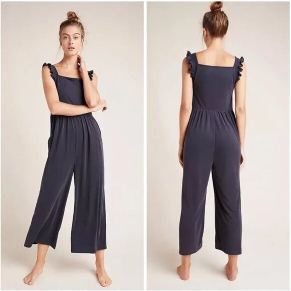 Anthropologie Saturday Sunday Billie Micro Ribbed Cupro Ruffle Jumpsuit Gray - Picture 1 of 9